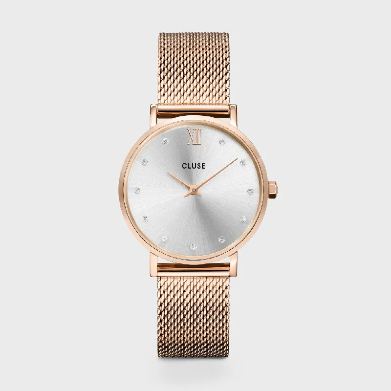 Women's Date Night Style Mechanical Watches-Minuit Watch Mesh Crystals, Silver Colour, Rose Gold Colour
