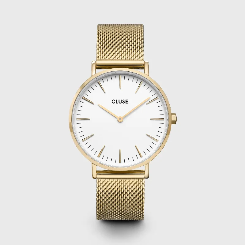 Women's American Made Design Mechanical Watches-Boho Chic Watch Mesh, White, Gold Colour Women's American Made Design Mechanical Watches-Boho Chic Watch Mesh, White, Gold Colour
