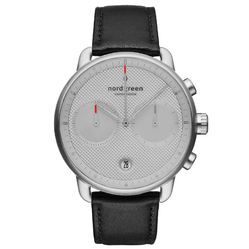Men's Hybrid Style Dress Watches-Nordgreen Pioneer Black Leather 42mm Silver Case Watch