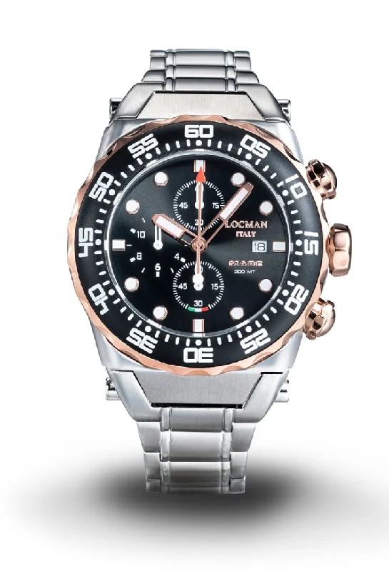 Men's Occasional Style Sports Watches-Orologio Locman Mare crono 300mt nero acciaio e oro 0560M01R-0RBKRGB0