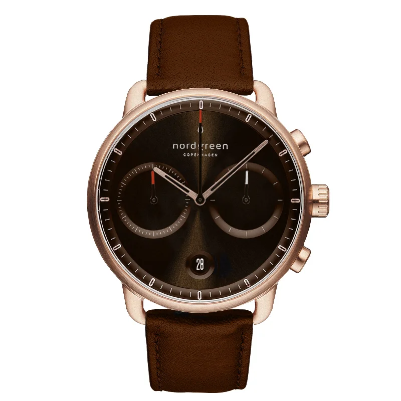 Men's Holiday Season Dress Watches-Nordgreen Pioneer Brown Leather 42mm Rose Gold Case Watch