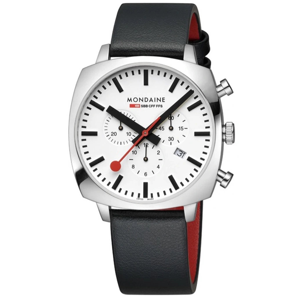 Men's Solar Powered Dress Watches-Mondaine Grand Cushion Chrono Square Men's Black Watch MSL.41410.LBV.SET