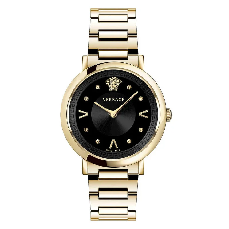 Men's Swiss Watch Retailer-Versace Ladies Watch Pop Chic Black Gold Bracelet VEVD00619