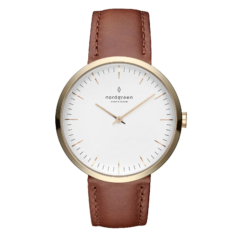Unisex German Made Watches-Nordgreen Infinity Brown Leather 32mm Gold Case Watch
