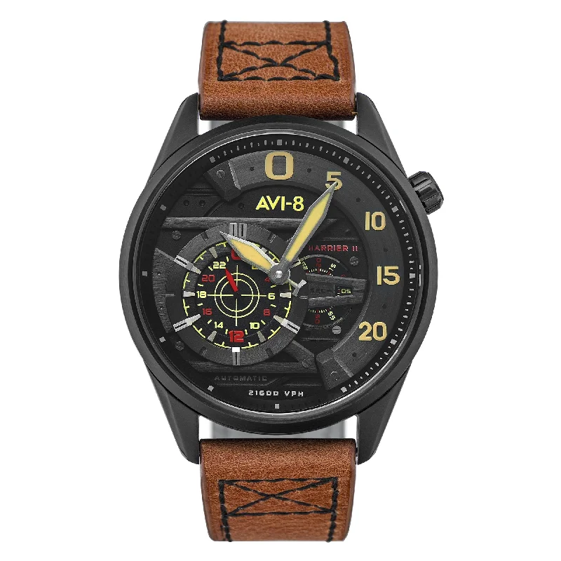 Men's Field Watches Eco-Drive Edition-AVI-8 Black Insignia Yellow Hawker Harrier II Chronograph Watch AV-4070-04