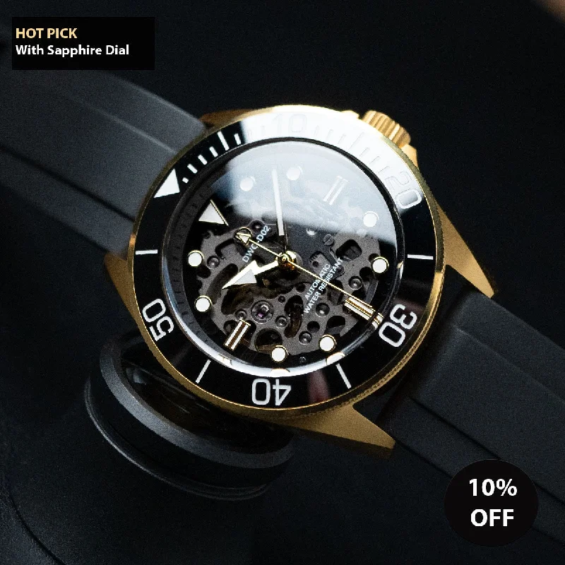Affordable Skeletonized Men's Watches -LIMITED - DIY Watchmaking Kit | 42mm NH70A Gold Dive Watch With Gold Sapphire Dial | DWC-D02S