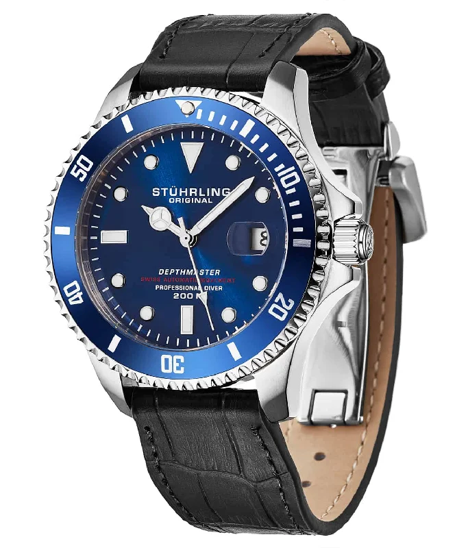 Blue Dial / Silver Case / Black Leather Strap Silver Deployant Buckle