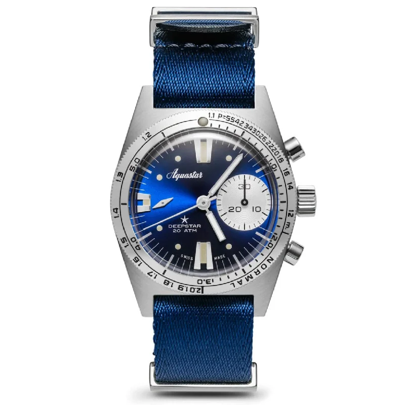 Men's Chronograph Watches with Blue Leather Strap -Aquastar Deepstar 39mm Chronograph Blue Ray Dial Blue Nylon Strap
