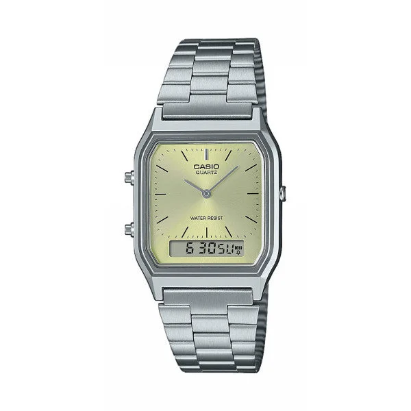 Unisex Bluetooth Connectivity Watches-Casio Watch Vintage Retro Dual Time Steel light green AQ-230A-9AMQYDF Unisex Bluetooth Connectivity Watches-Casio Watch Vintage Retro Dual Time Steel light green AQ-230A-9AMQYDF