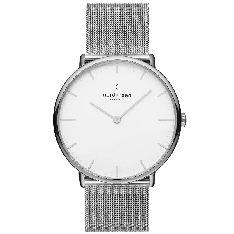 Unisex Mechanical Movement Watches-Nordgreen Native Silver Mesh 36mm Silver Case Watch