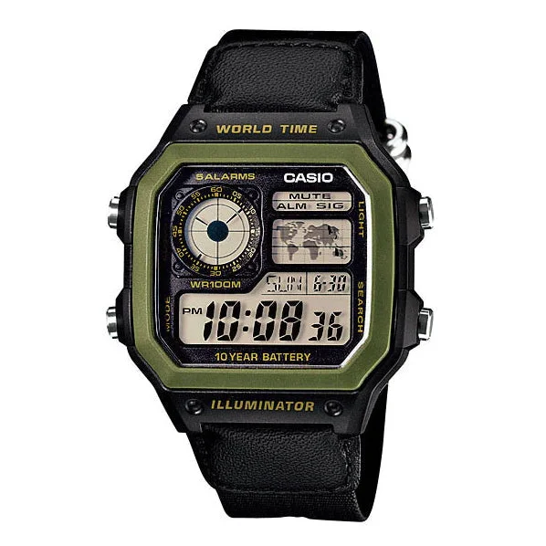 Unisex Birthday Style Watches-Casio Watch Digital World Time Illuminator Green AE-1200WHB-1BVDF