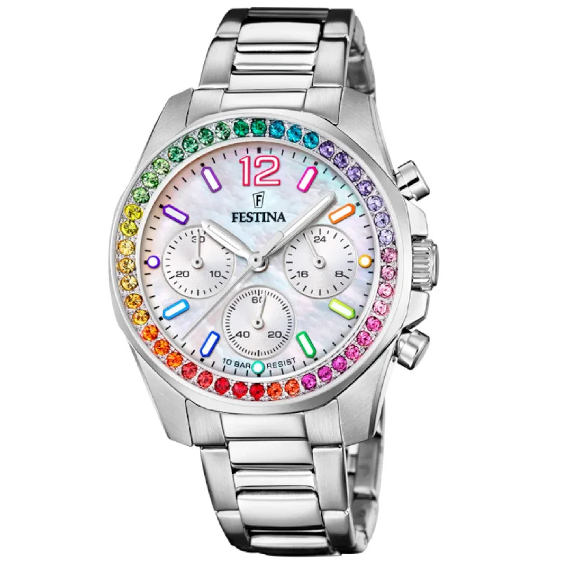 Men's French Made Dress Watches-Festina Chrono Rainbow Ladies Silver Watch F20606/2