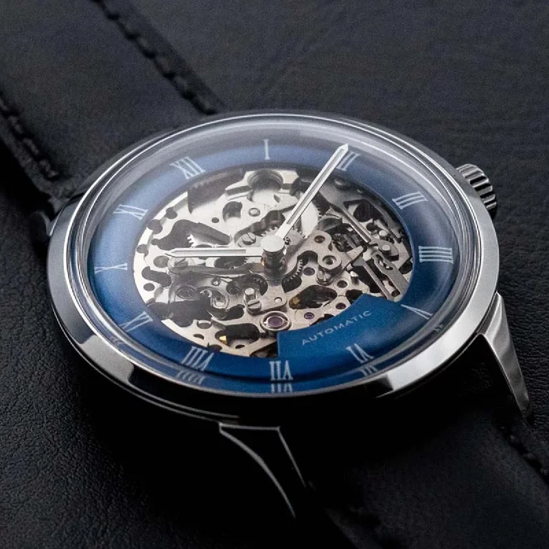 Men's Designer Skeleton Watches -DIY Watchmaking Kit | 38.5mm Mosel series - Blue Dial Skeleton vintage dress watch w/ Miyota 8N24