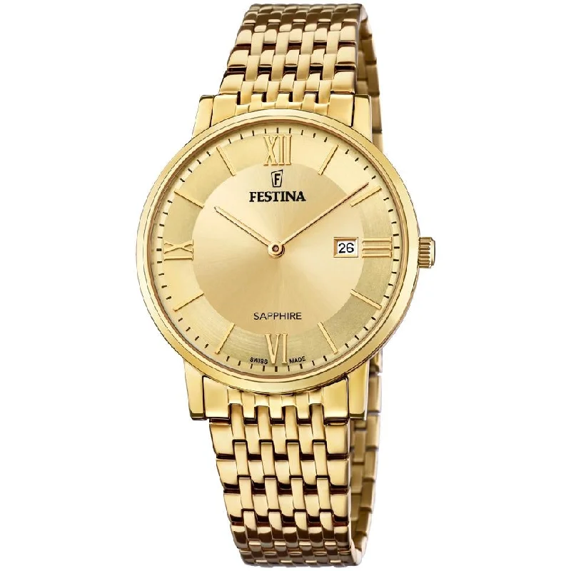 Men's Monogrammed Design Dress Watches-Festina F20020/2 Men's Gold Swiss Made Watch