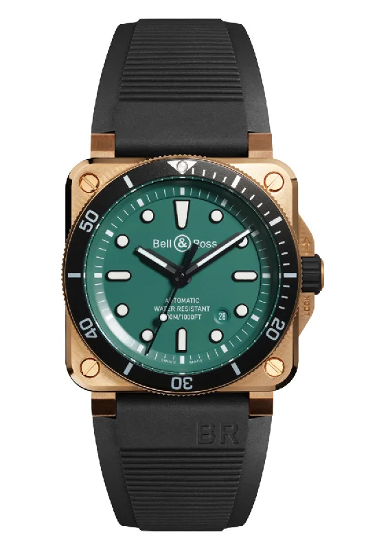 Men's Local Brand Design Dress Watches-Bell & Ross BR03-92 Diver Black & Green Bronze BR0392-D-LT-BR/SRB