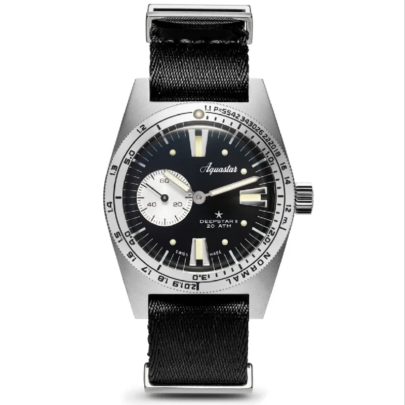 Men's Dive Watches with All-Weather Protection -Aquastar Deepstar 2 37mm Vintage Black Dial Black Nylon