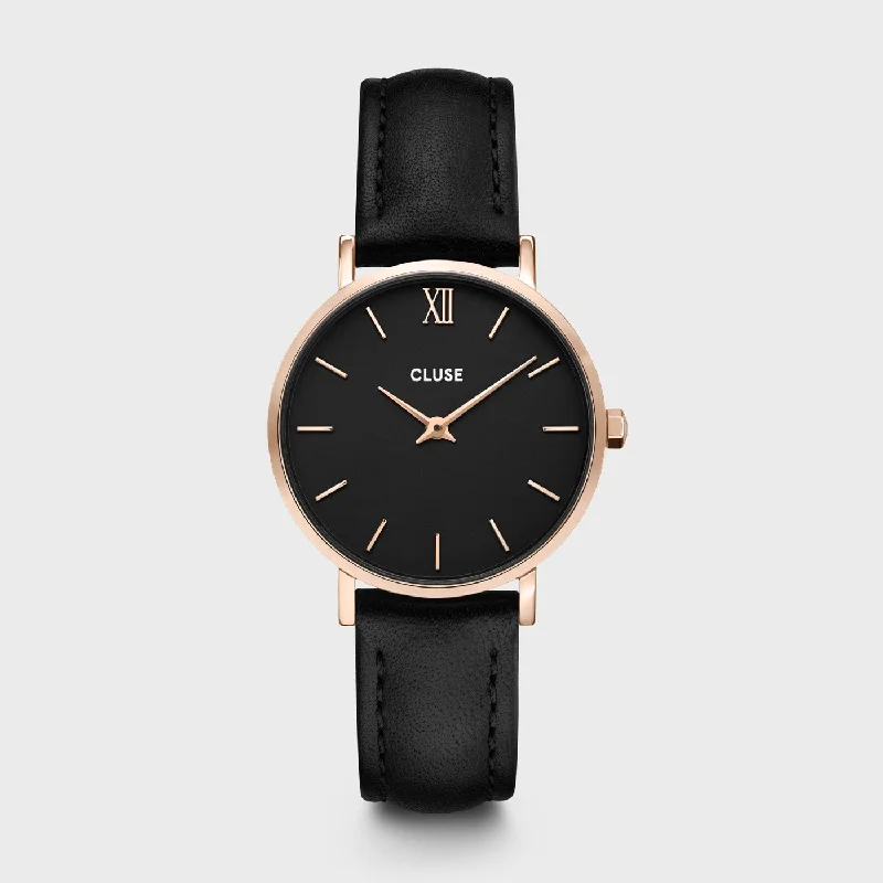 Women's Vintage Style Women's Mechanical Watches-Minuit Watch Leather, Black, Rose Gold Colour