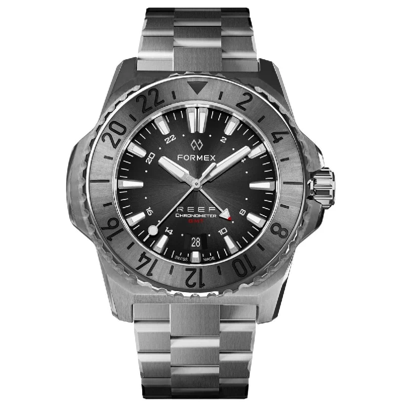 Men's Dive Watches with Non-Reflective Glass -FORMEX REEF GMT - Black Dial with Red GMT - Stainless Steel Bracelet