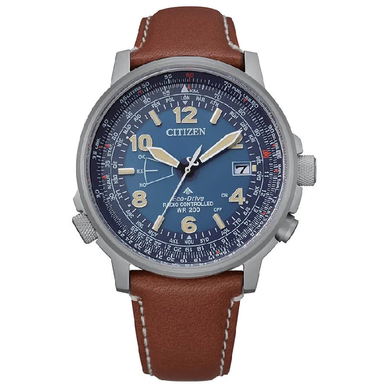 Men's Automatic Time Sync Watches-Orologio Citizen CB0240-11L radio controllato Pilot pelle blu