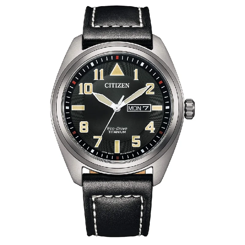 Men's Modern Style Sports Watches-Orologio Citizen BM8560-29E aviator nero in titanio e pelle