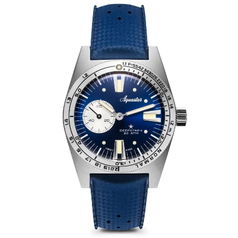 Men's Dive Watches for Surface Water Sports -Aquastar Deepstar 2 37mm Blue Ray Dial TROPIC Strap