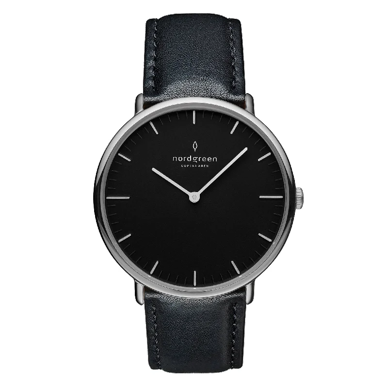 Men's Thin Case Design Dress Watches-Nordgreen Native Black Leather 32mm Silver Case Watch