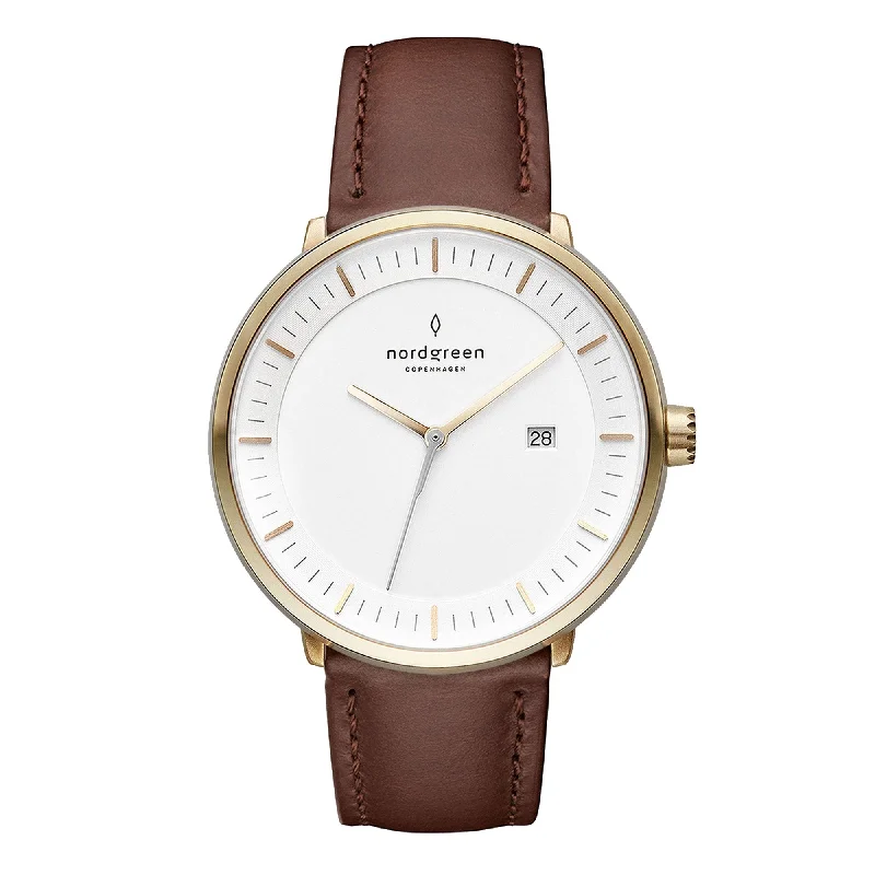 Men's Holiday Season Design Dress Watches-Nordgreen Philosopher Dark Brown Leather 40mm Gold Case Watch