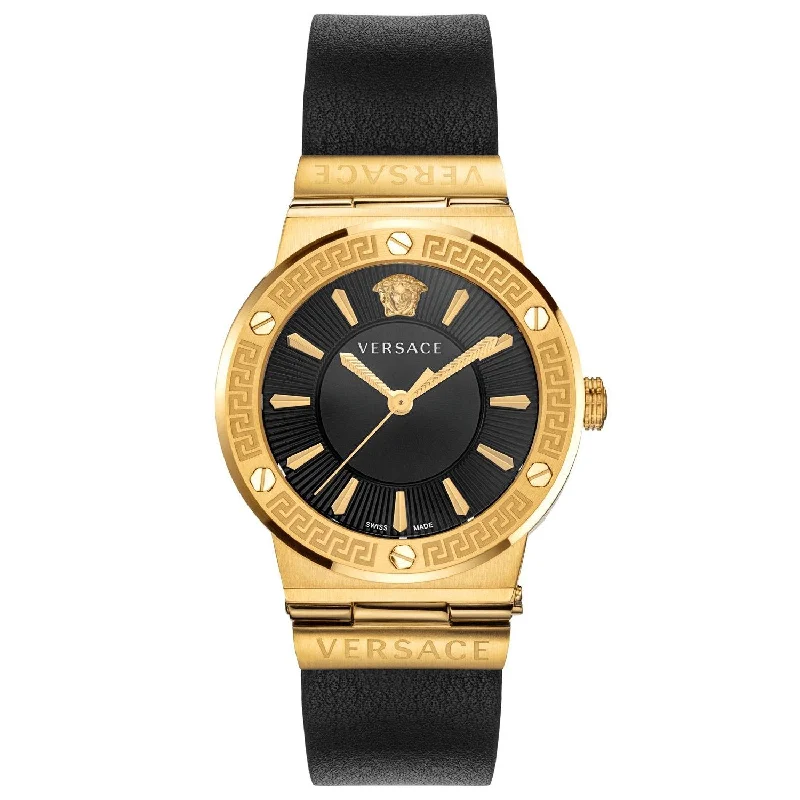Men's Swiss Eco-Drive Edition-Versace Ladies Watch Greca Logo Gold Black Leather VEVH00320