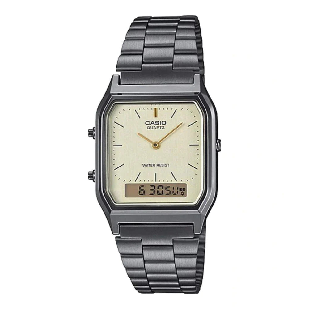 Unisex Thick Case Watches-Casio Watch Vintage Retro Dual Time Champagne Steel AQ-230GG-9ADF