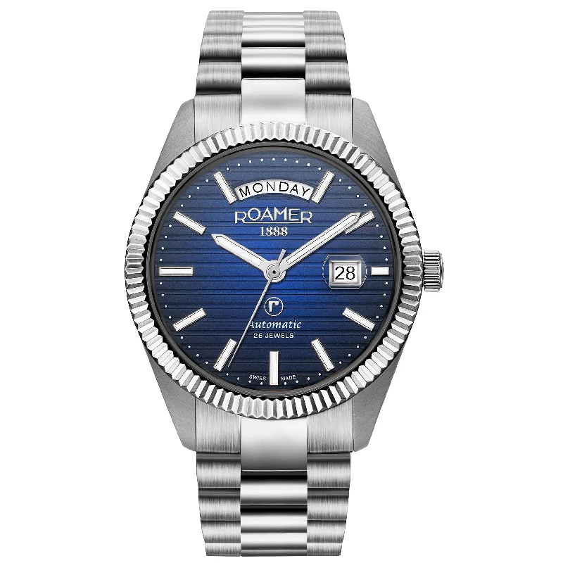 Men's Small Size Style Dress Watches-Roamer 981666 41 45 50 Primeline Day Date II Men's Blue Watch