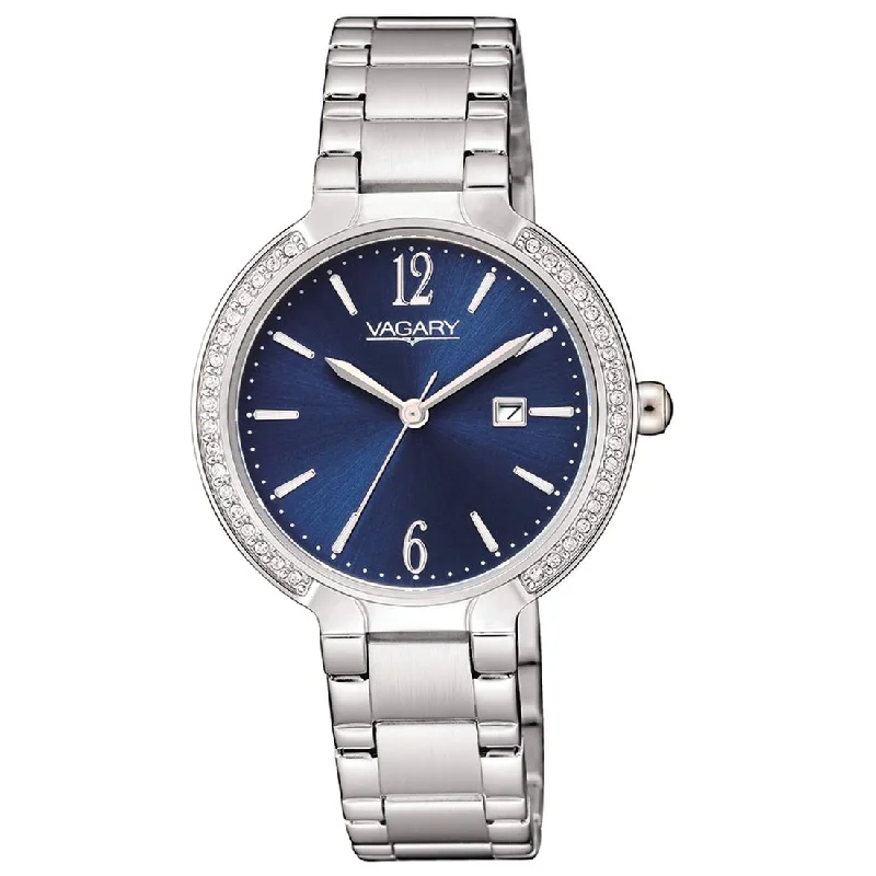 Women's Mechanical Watch German Made Edition-Orologio Vagary Flair da donna blu con cristalli IU3-011-71
