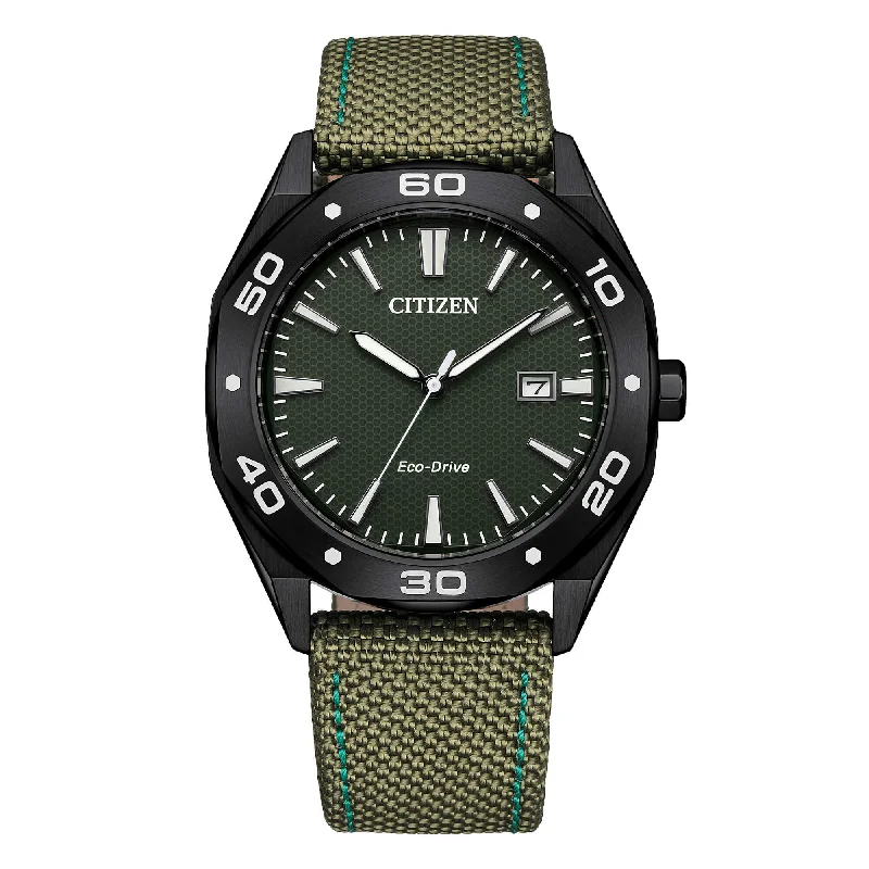 Men's Business Meeting Style Men's Sports Watches-Orologio Citizen Active Sport acciaio nero con cinturino in tessuto verde BM7635-01X