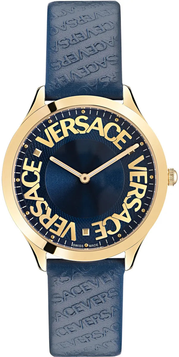 Men's Swiss Office Wear Edition-Versace Ladies Watch Logo Halo Blue Gold VE2O00322