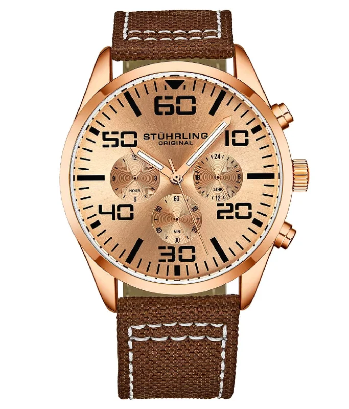 Rose Dial / Rose Case / Brown Nylon Strap Rose Gold Layered Tang Buckle