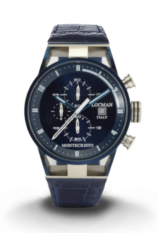 Men's Casual Wear Design Sports Watches-Locman Montecristo Chrono Blu PVD blu pelle 0510BLBLFWH0PSB