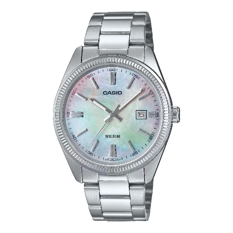 Unisex Minimalist Design Watches-Casio Standard White Mother of Pearl Watch MTP-1302DS-7AVDF