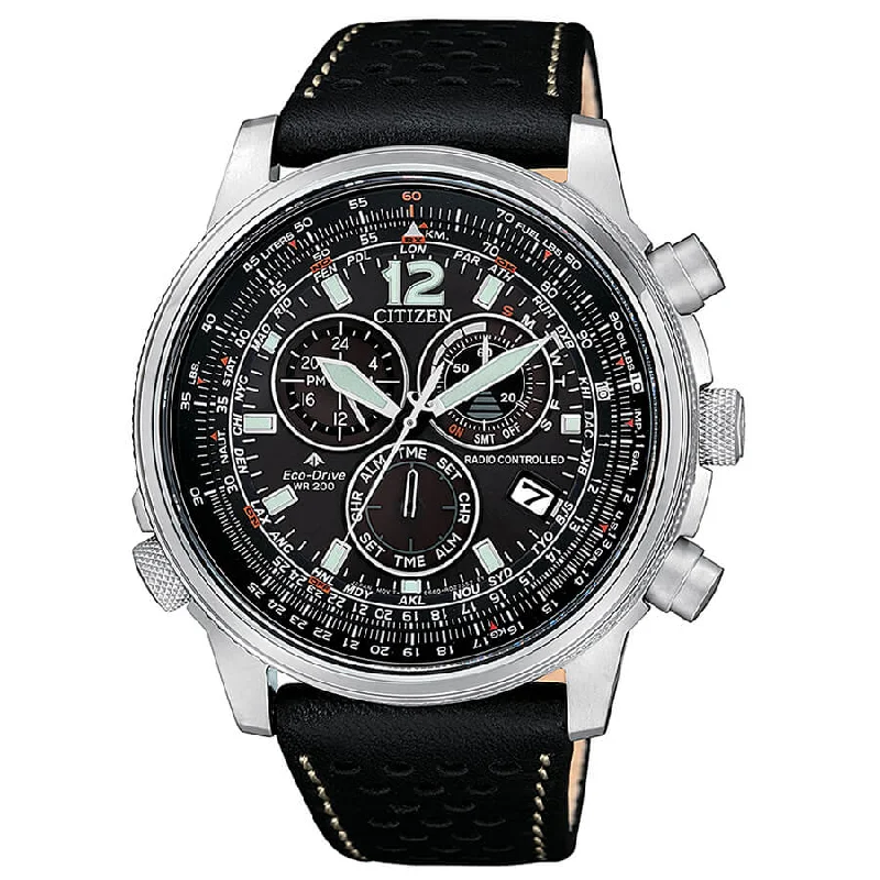 Men's Radio Controlled Watch Supplier-Orologio Citizen CB5860-19E Pilot cronografo nero pelle