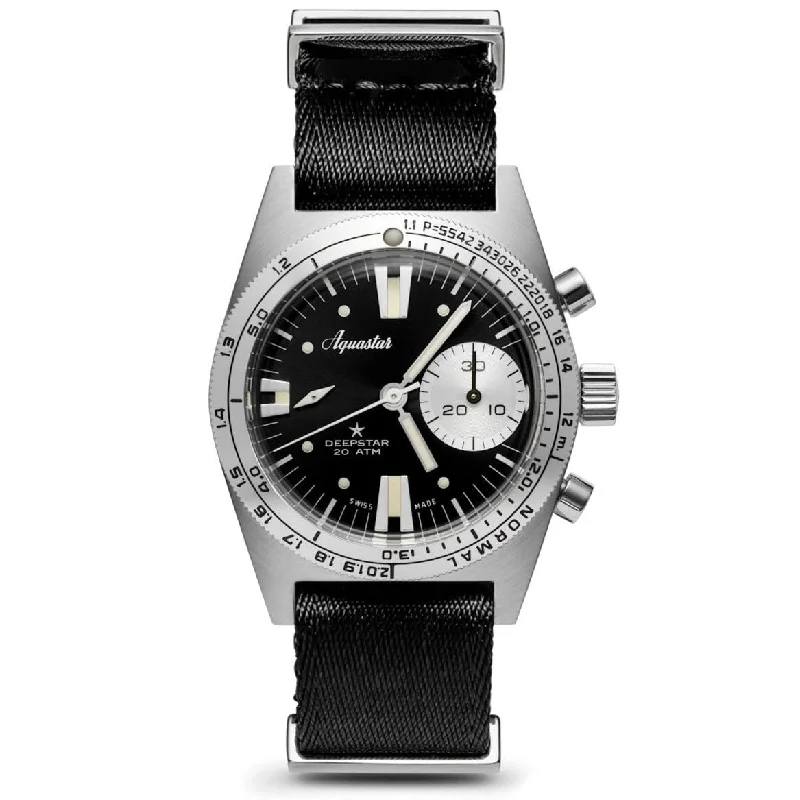 Best Men's Chronograph Watches for Everyday Wear -Aquastar Deepstar 39mm Chronograph Vintage Black Dial Nylon Strap
