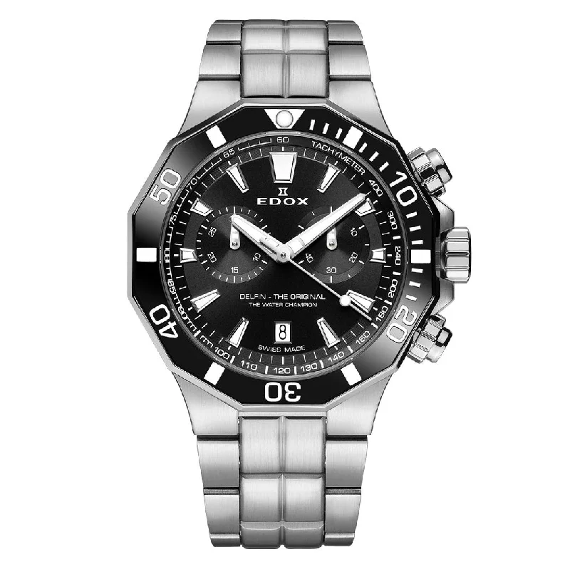 Men's Swiss Party Wear Edition-Edox Men's Watch Delfin The Original Chronograph Black Steel 10112-3NM-NIN