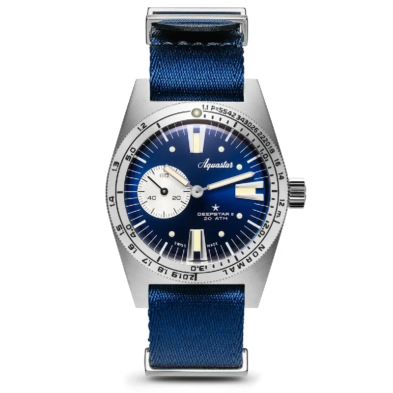 Men's Dive Watches for Diving Professionals -Aquastar Deepstar 2 37mm Blue Ray Dial Nylon Strap