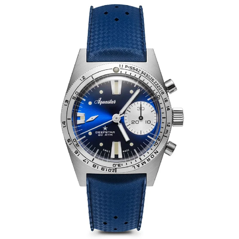 Men's Chronograph Watches with Date and Time -Aquastar Deepstar 39mm Chronograph Blue Ray Dial Blue Tropic