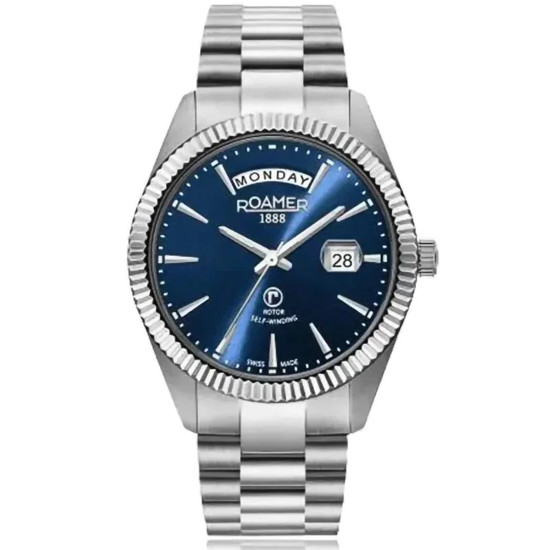 Men's Engraved Dress Watches-Roamer Men's Blue Primeline Daydate Mechanical Watch 981662 41 45 90