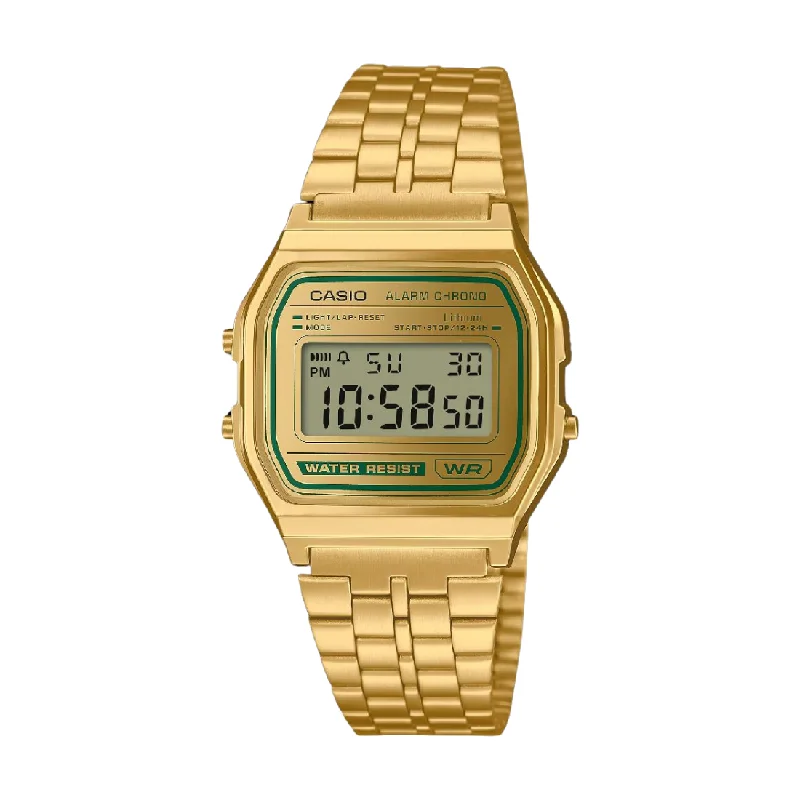 Women's British Made Design Mechanical Watches-Casio vintage dorato giallo con dettaglio verde A158WEGV-9AEF Women's British Made Design Mechanical Watches-Casio vintage dorato giallo con dettaglio verde A158WEGV-9AEF