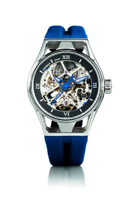 Men's British Made Style Sports Watches-Locman Montecristo Skeleton nero e blu cinturino silicone 0538A20S-00ANSKSIS