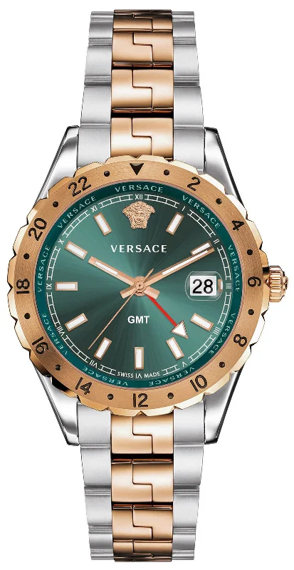 Men's Swiss Seasonal Edition-Versace Men's Watch Hellenyium GMT Green Two-Tone Rose Gold Bracelet V11050016