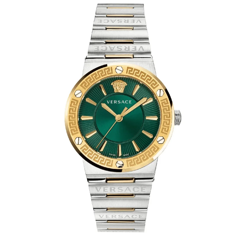 Men's Swiss Watch Price-Versace Ladies Watch Greca Logo Two-Tone Green VEVH00720