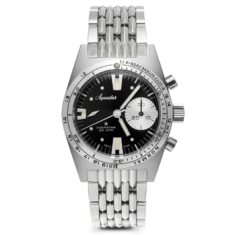 Men's Chronograph Watches with Rotating Bezel -Aquastar Deepstar 39mm Chronograph Vintage Black Dial BOR Bracelet