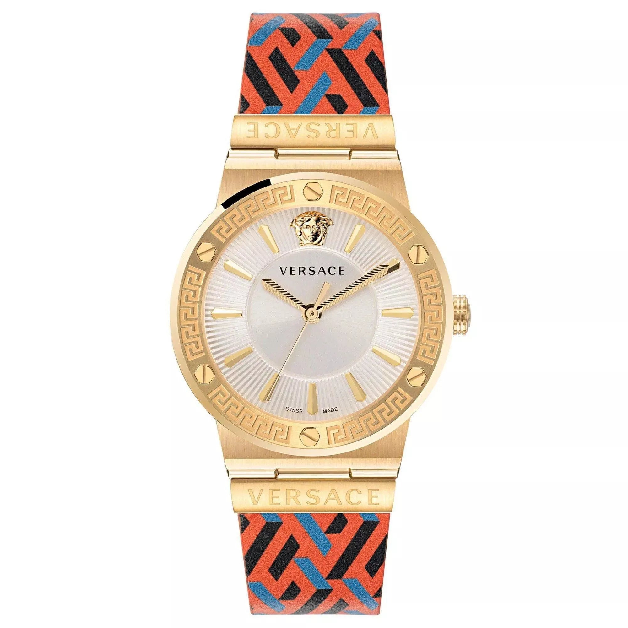 Men's Swiss Solar Powered Edition-Versace Ladies Watch Greca 38mm Logo Gold Multicolour VEVH01521