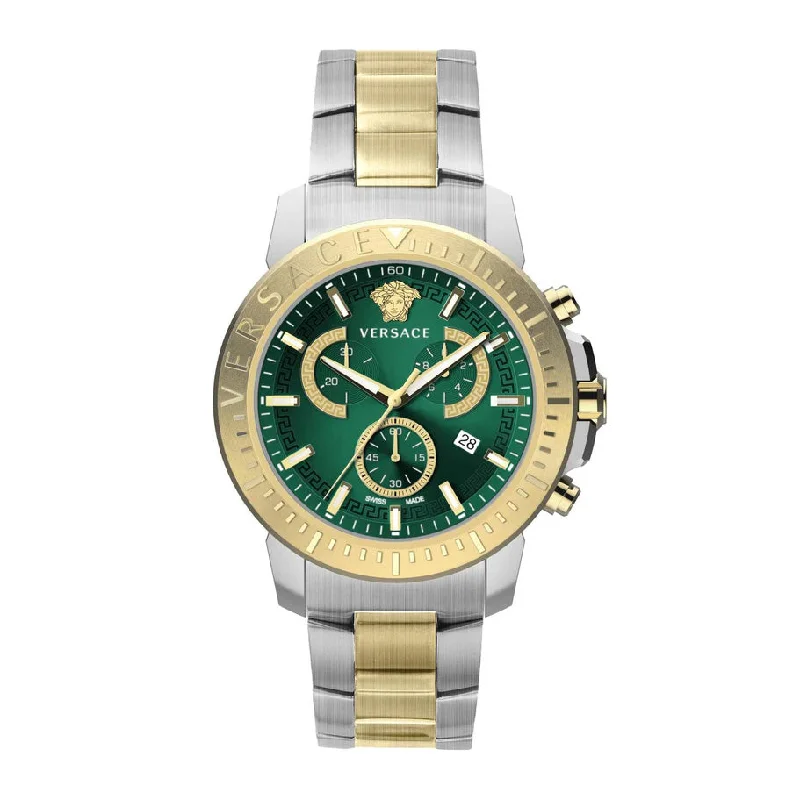 Men's Swiss Handmade Edition-Versace Men's Watch New Chrono 45mm Green Two-Tone Bracelet VE2E00421