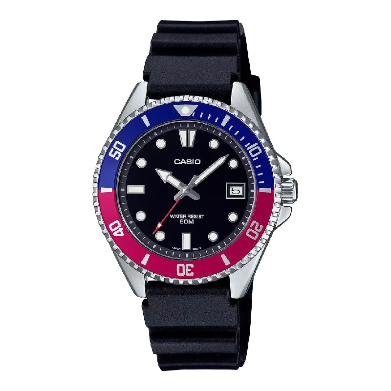 Men's Luxury Style Sports Watches-Orologio Casio Duro MDV-10-1A2VEF quadrante nero e ghiera pepsi unisex